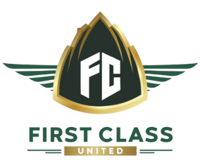 "Logo of First Class United LLC featuring a shield-like emblem with a stylized 'FC' monogram in white on a dark background, encased in a gold and dark green outline suggesting prestige. Two golden wings extend from the sides of the shield, symbolizing flight. Below is the text 'FIRST CLASS' in bold, capital, green letters, and 'UNITED' in a smaller font, underscored by a golden line, conveying a sense of luxury and exclusive partnerships."