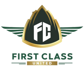 "Logo of First Class United LLC featuring a shield-like emblem with a stylized 'FC' monogram in white on a dark background, encased in a gold and dark green outline suggesting prestige. Two golden wings extend from the sides of the shield, symbolizing flight. Below is the text 'FIRST CLASS' in bold, capital, green letters, and 'UNITED' in a smaller font, underscored by a golden line, conveying a sense of luxury and exclusive partnerships."